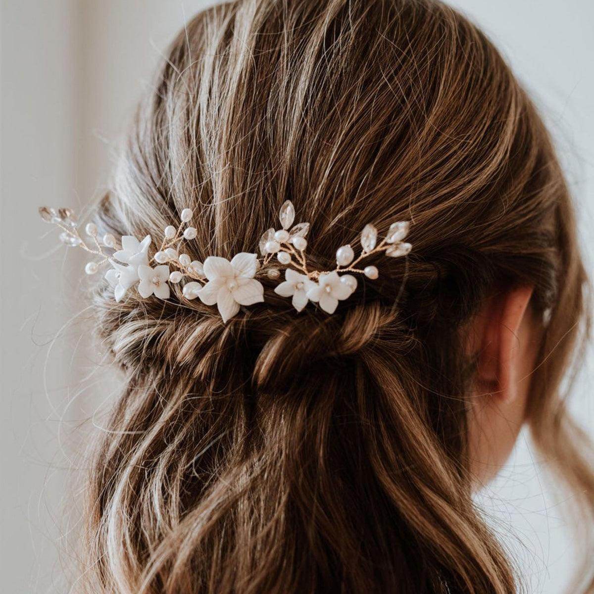 Bride wedding headwear White flower U-shaped Hairpins set of 3 684387483787 - COCOMELODY